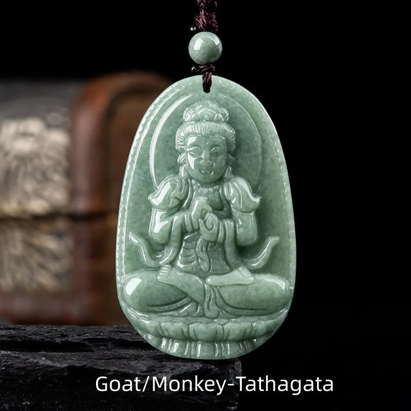Buddha Stones Chinese Zodiac Natal Buddha Natural Jade Wealth Prosperity Necklace Pendant (Extra 30% Off | USE CODE: FS30)