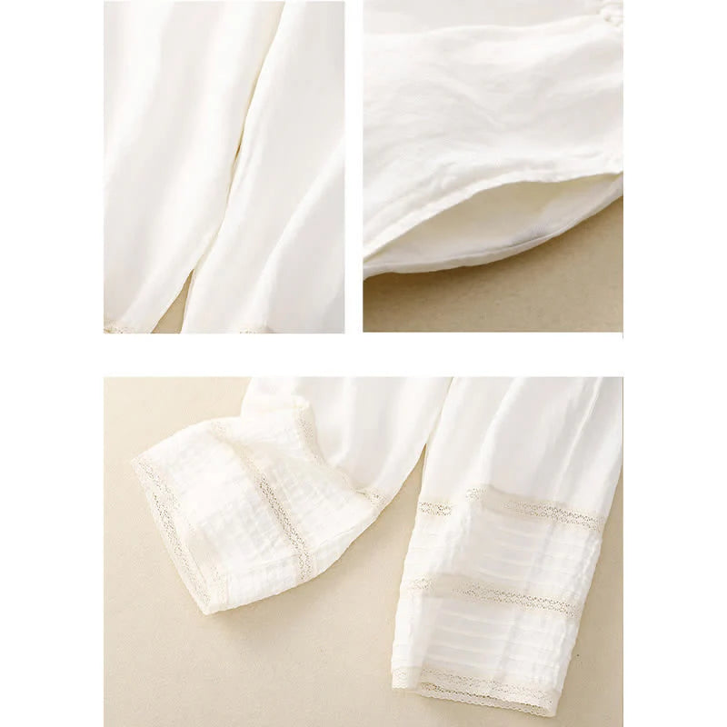 Buddha Stones Spring Elastic Waist Lace Pleated Hem Cotton Women's Pants With Pockets
