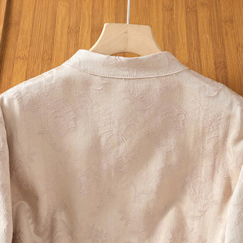 Buddha Stones Fall Jacquard Floral Print Frog-Button Stand Collar Long Sleeve Women's Cotton Shirt
