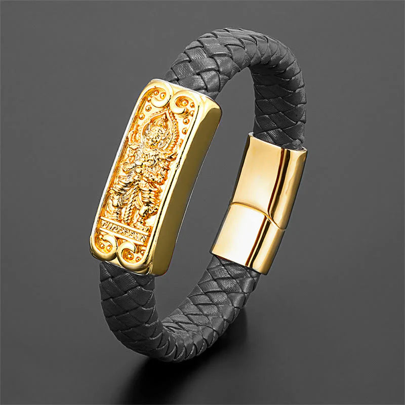 Buddha Stones Buddha Symbol Titanium Steel Leather Strengthen Bracelet