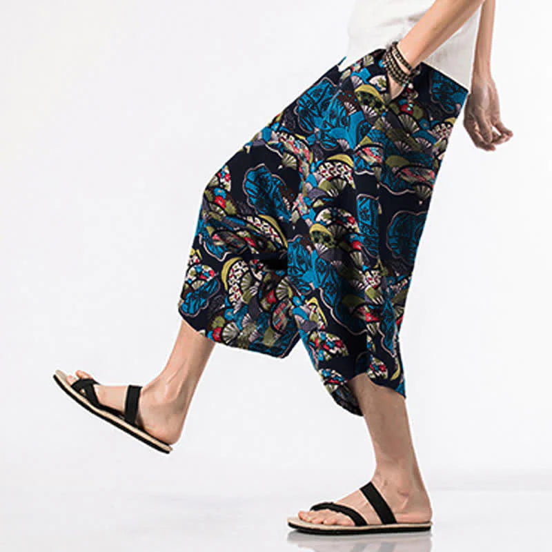 Buddha Stones Ethnic Printing Floral Geometric Pattern Men's Harem 7-8 Length Pants With Pockets