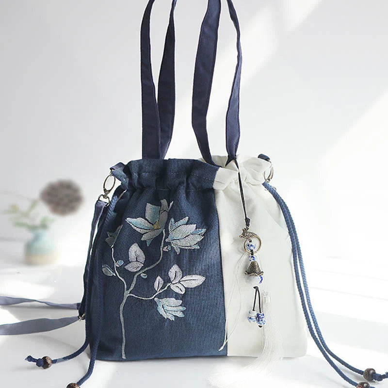 Buddha Stones Embroidered Grass Flowers Cherry Blossom Canvas Tote Crossbody Bag Shoulder Bag Handbag