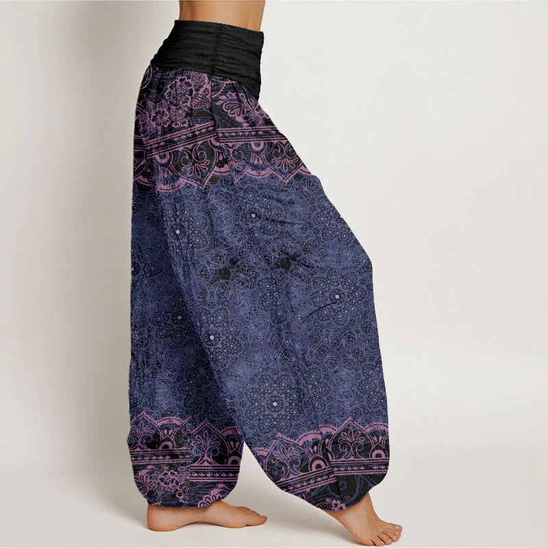 Buddha Stones Cotton Elegant Mandala Flowers Design Women's Elastic Waist Harem Pants