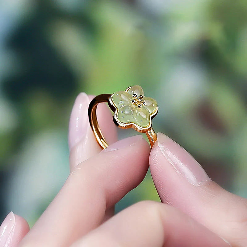 Buddha Stones Plum Blossom Hetian Jade Copper Luck Ring