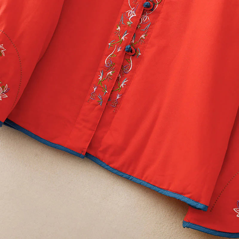 Buddha Stones Winter Flower Embroidery Frog-Button Long Sleeve Women's Thermal Jacket