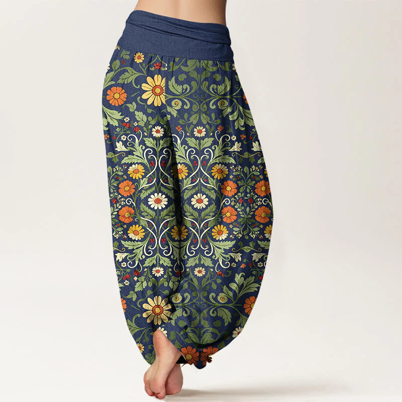 Buddha Stones Pure Cotton Colorful Flowers Vines Women's Elastic Waist Harem Pants