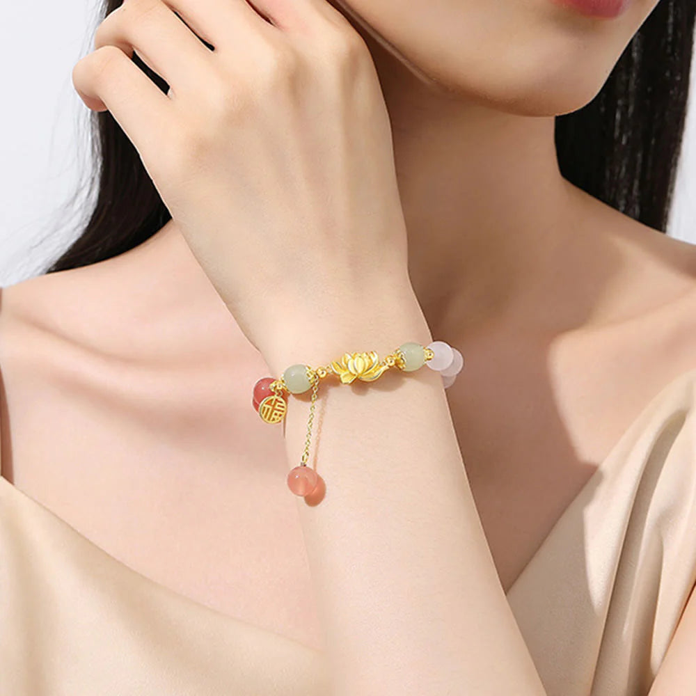 Buddha Stones 925 Sterling Silver Natural Gradient Agate Hetian Jade Lotus Fu Character Enlightenment Bracelet