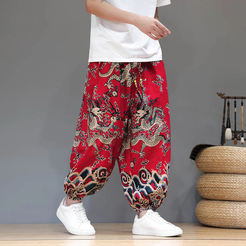 Buddha Stones Summer Dragon Drawstring Design Cotton Linen Men's Harem Pants With Pockets