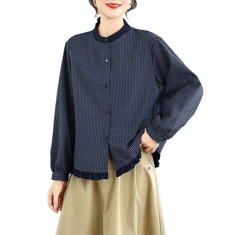 Buddha Stones Fall Plaid Striped Pattern Ruffled Hem Buttons Women's Cotton Long Sleeve Shirt