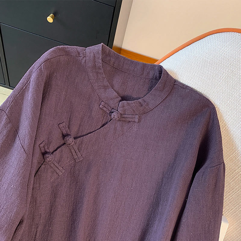 Buddha Stones Casual Women's Plain Frog-Button Stand Collar Design Long Sleeve Shirt