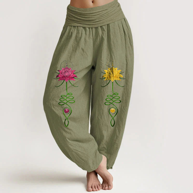 Buddha Stones Pure Cotton Strong Color Contrast Lotus Flower Pattern Women's Elastic Waist Harem Pants