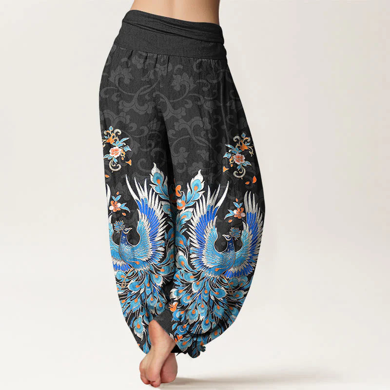 Buddha Stones Cotton Phoenix Peach Blossom Pattern Women's Elastic Waist Harem Pants