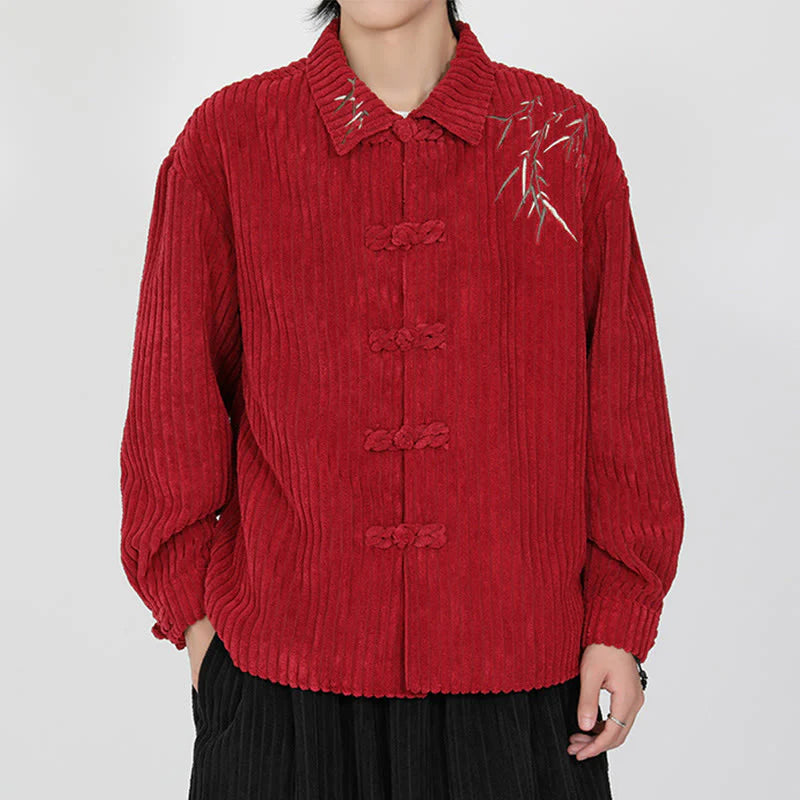 Buddha Stones Embroidery Bamboo Pattern Frog-Button Desgin Long Sleeve Men's Cotton Corduroy Jacket