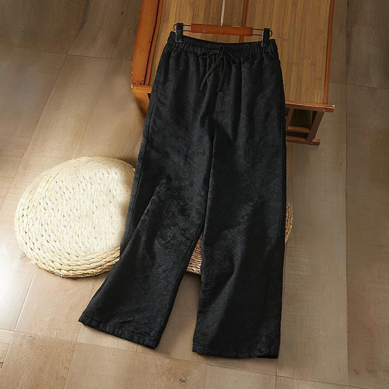 Buddha Stones Winter Thermal Jacquard Floral Pattern Women's Wide Leg Cotton Pants With Pockets