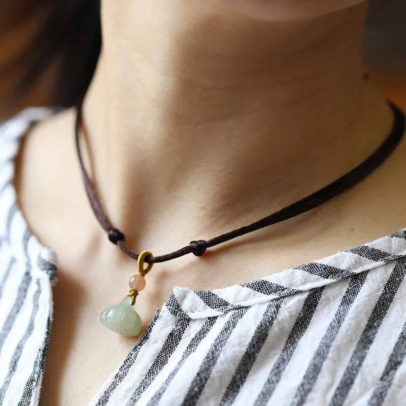 Buddha Stones Natural Round Jade Peace Buckle Lotus Abundance String Necklace Pendant