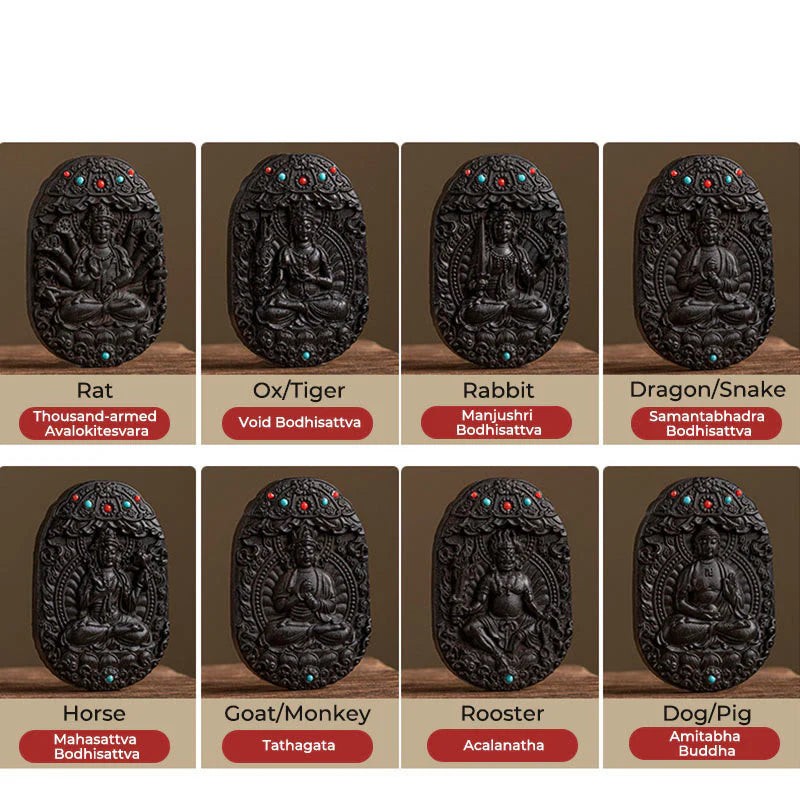 Buddha Stones Chinese Zodiac Natal Buddha Year of the Horse Om Mani Padme Hum Lotus Ebony Blessing Key Chain