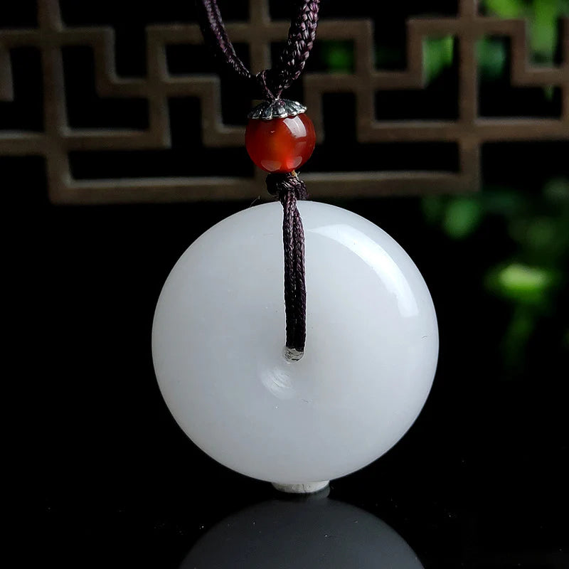 Buddha Stones Round Hetian White Jade Peace Buckle Blessing Necklace Pendant (Extra 30% Off | USE CODE: FS30)