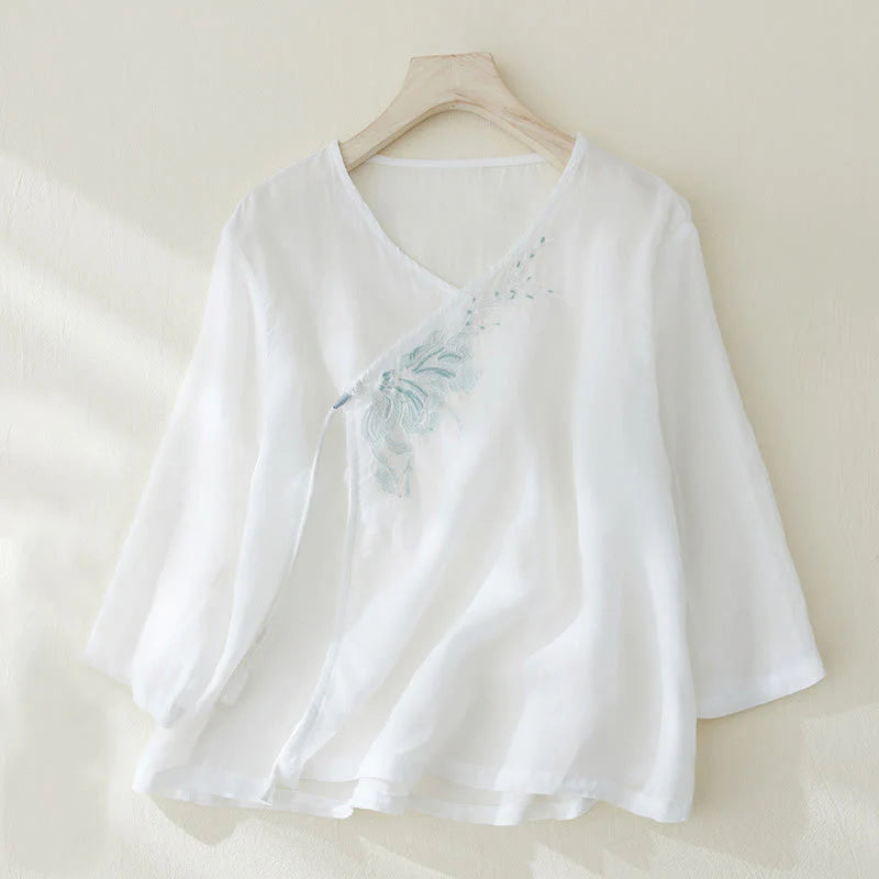 Buddha Stones Casual Women's Embroidery Plants Design Three Quarter Sleeve Cotton Linen Shirt