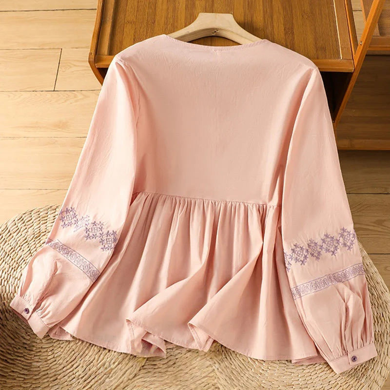 Buddha Stones Embroidery Pleated Buttons Long Lantern Sleeve Women's Cotton Shirt