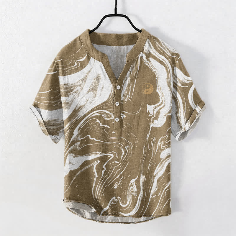 Buddha Stones Cotton Tai Chi Pattern Men's Short Sleeve Half Button Shirt