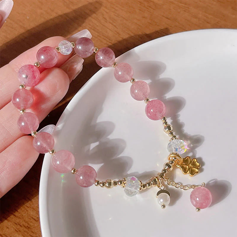 Buddha Stones Natural Strawberry Quartz Four Leaf Clover Healing Bracelet