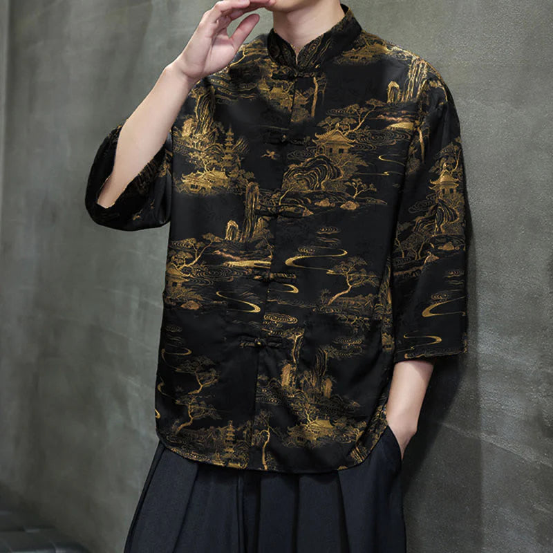Buddha Stones Spring Frog-Button Dragon Mountain Flower Three Quarter Sleeve Tang Suit Men's Shirt With Pockets