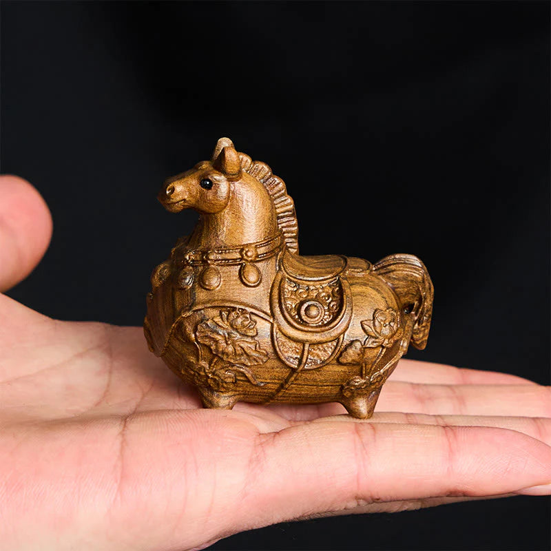Buddha Stones Mini Year of the Horse Lotus Ebony Linden Wood Green Sandalwood Decoration 5.5*5*3.2cm
