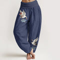 Buddha Stones Pure Cotton Elegant Crane Flower Cloud Pattern Women's Elastic Waist Harem Pants