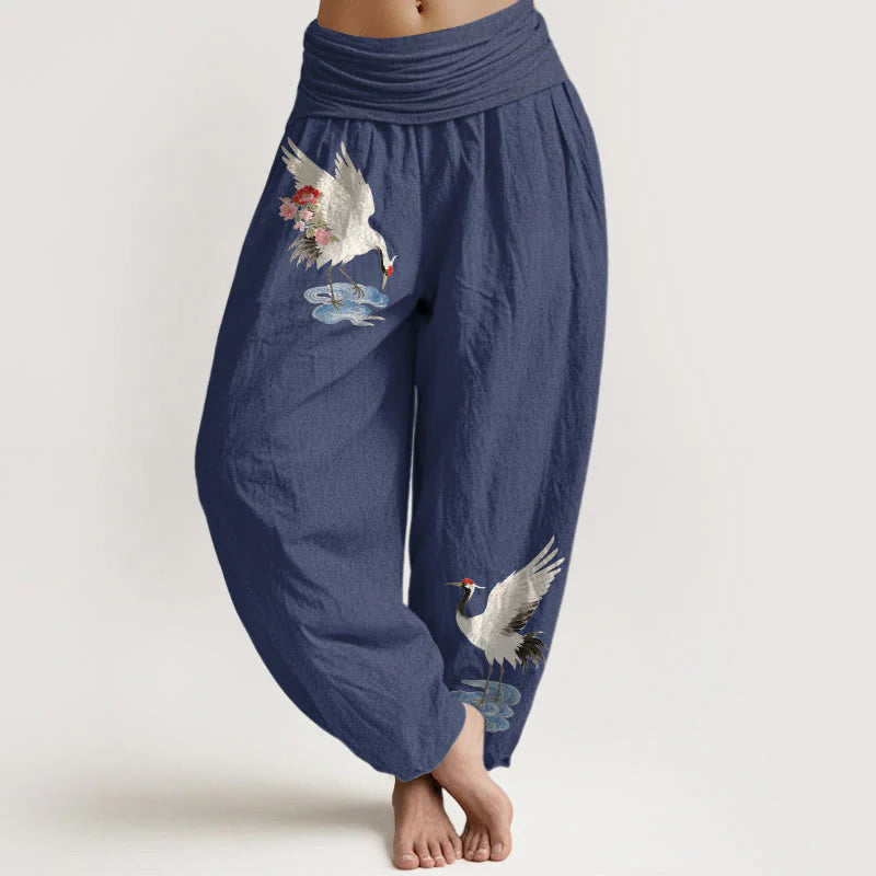 Buddha Stones Pure Cotton Elegant Crane Flower Cloud Pattern Women's Elastic Waist Harem Pants