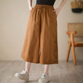 Buddha Stones Plain Buttoned Side Design Capri Cropped Women's Wide Leg Pants With Pockets