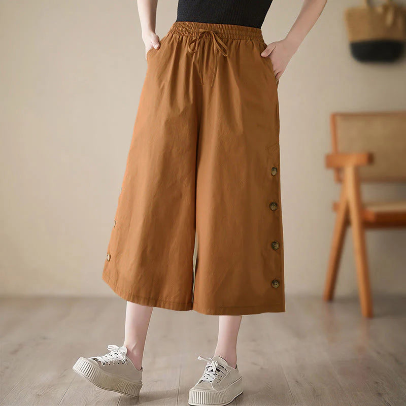 Buddha Stones Plain Buttoned Side Design Capri Cropped Women's Wide Leg Pants With Pockets