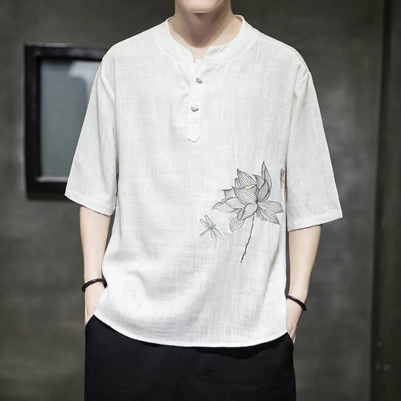 Buddha Stones Summer Embroidered Lotus Dragonfly Pattern Chinese Frog-Button Men's Short Sleeve T-shirt