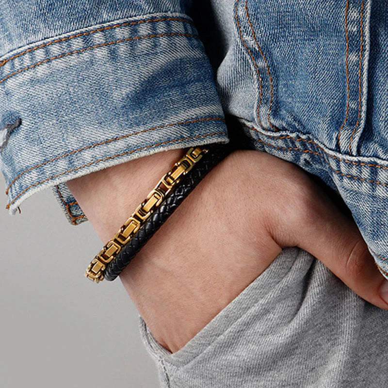Buddha Stones Link Chain Double Wrap Braided Leather Balance Bracelet