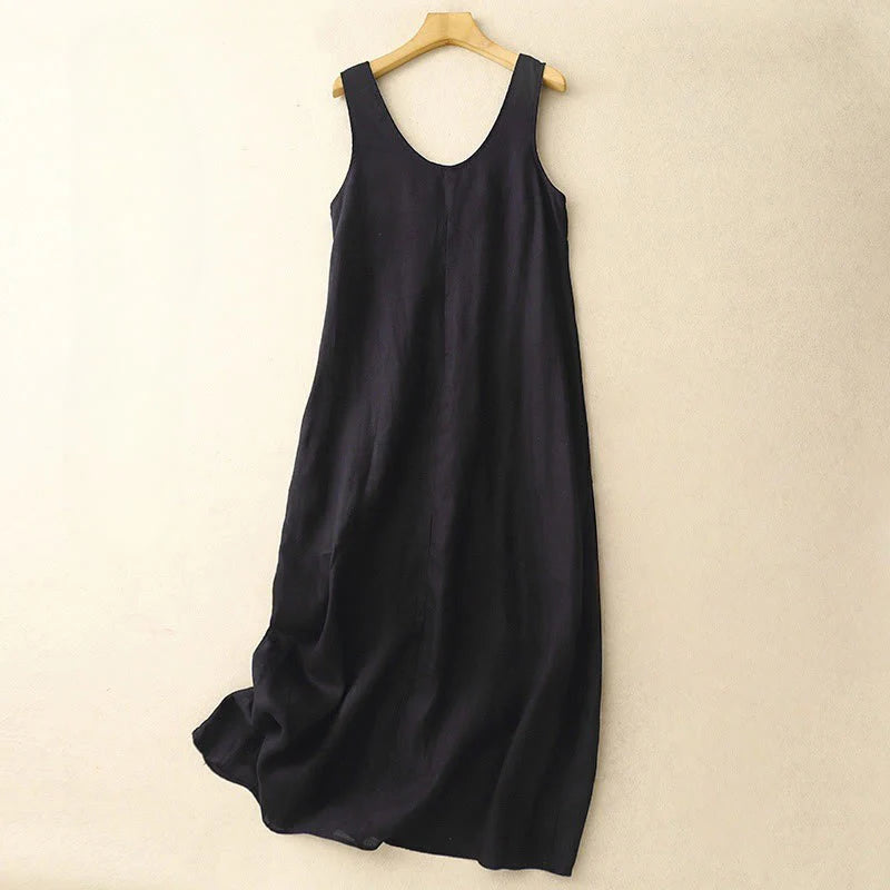 Buddha Stones Summer Daily Casual Pure Color Crew Neck Simple Design Sleeveless Midi Dress With Pockets