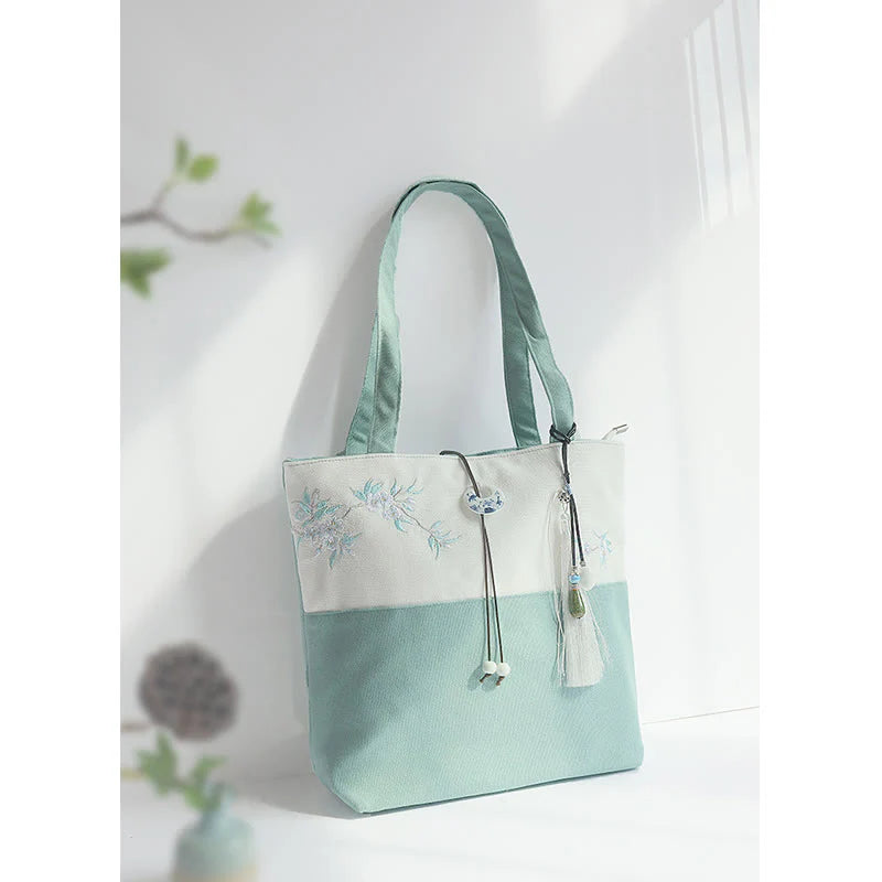 Buddha Stones Pear Flower Plum Peach Blossom Bamboo Embroidery Canvas Large Capacity Shoulder Bag Tote Bag