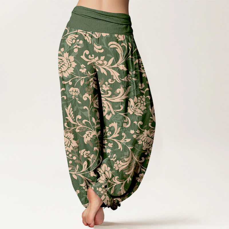 Buddha Stones Cotton Understated Luxury Flower Vine Pattern Women's Elastic Waist Harem Pants