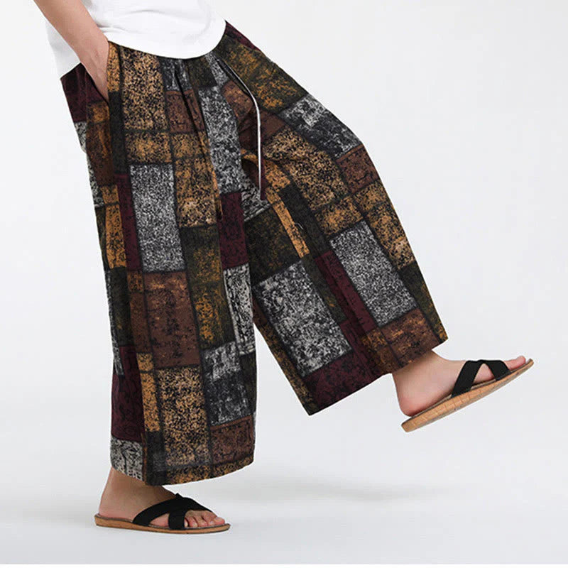 Buddha Stones Summer Patchwork Design 7-8 Length Men's Wide Leg Pants With Pockets
