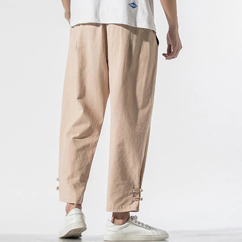 Buddha Stones Summer Chinese Characters Embroidery Men's Cotton Linen Pants With Pockets