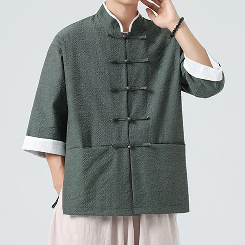 Buddha Stones Spring Solid Color Three Quarter Sleeve Tang Suit Men's Buttons Shirt With Pockets
