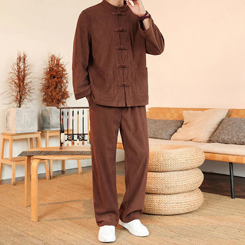 Buddha Stones 2pcs Plain Men's Frog-button Long Sleeve Shirt Pants Cotton Corduroy Set With Pockets