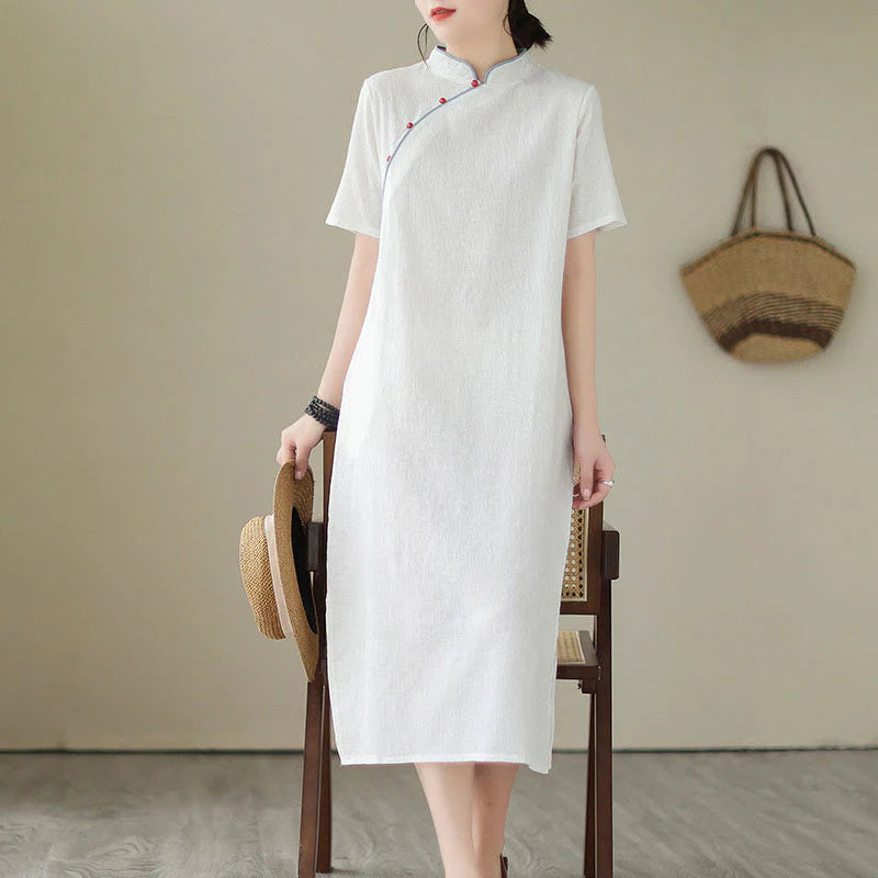Buddha Stones Pure Color Short Sleeve Jacquard Chinese Cheongsam Qipao Midi Dress With Pockets