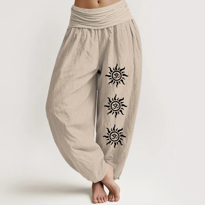 Buddha Stones Solid Color Pure Cotton Sun Om Symbol Pattern Women's Elastic Waist Harem Pants