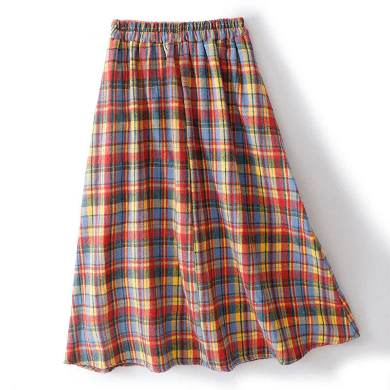 Buddha Stones Fall Winter Women's Plaid Pattern Cotton Skirt With Pockets