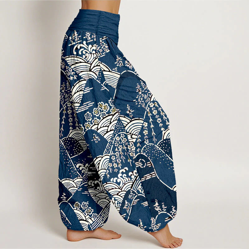 Buddha Stones Printed Mountains Waves Floral Pattern Women's Elastic Waist Harem Pure Cotton Pants