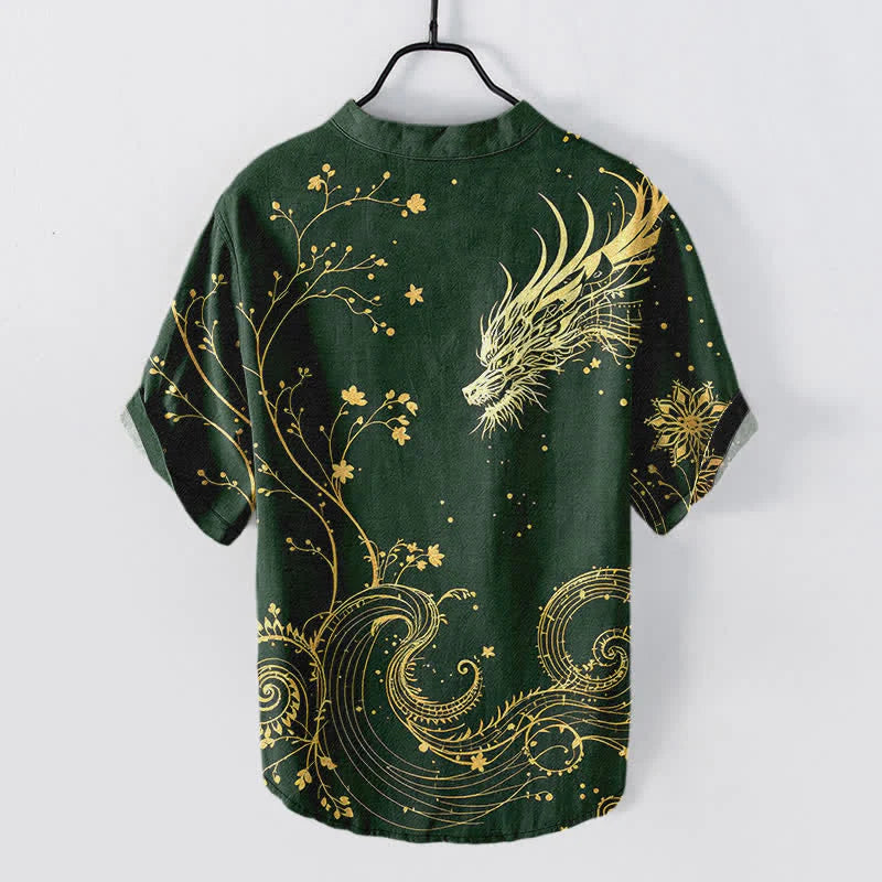 Buddha Stones Cotton Wave Dragon Flower Pattern Men's Short Sleeve Half Button Shirt