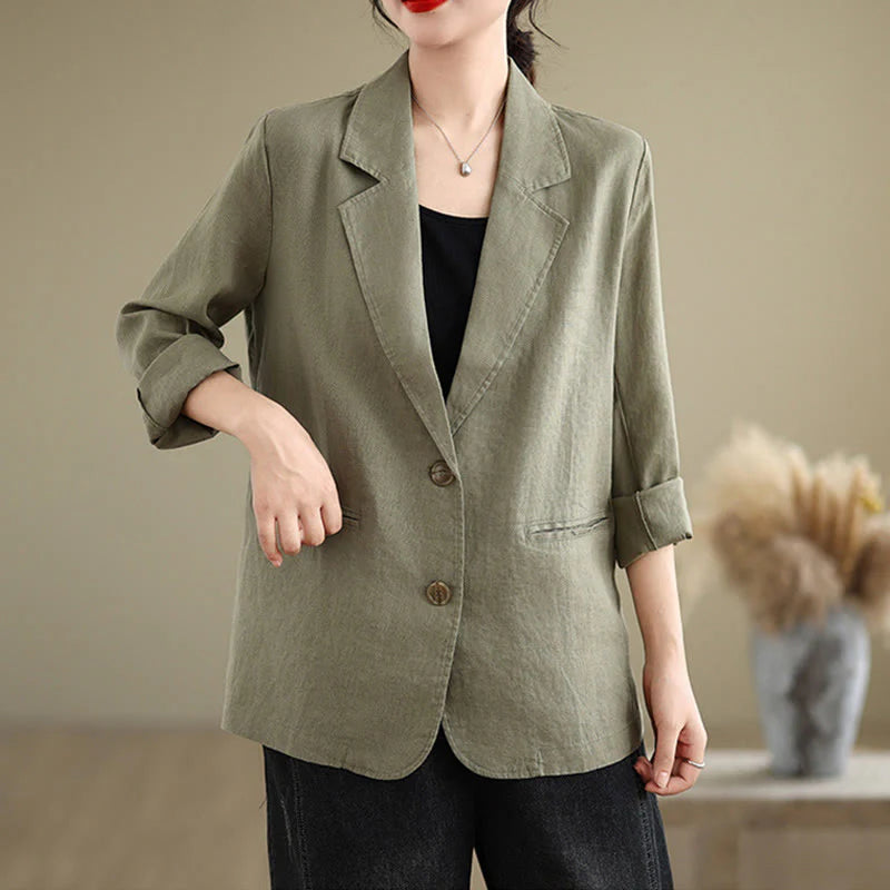Buddha Stones Spring Solid Color Long Sleeve Cotton Linen Women's Jacket With Pockets