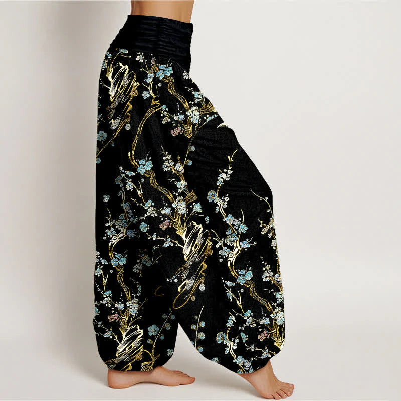 Buddha Stones Pure Cotton Plum Blossom Branches Elastic Waist Women's Harem Pants