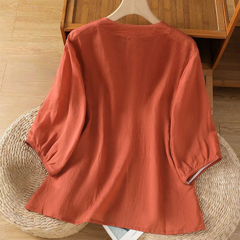 Buddha Stones Casual Embroidery Frog-Button Cotton Polyester Half Sleeve Women's Stand Collar Shirt