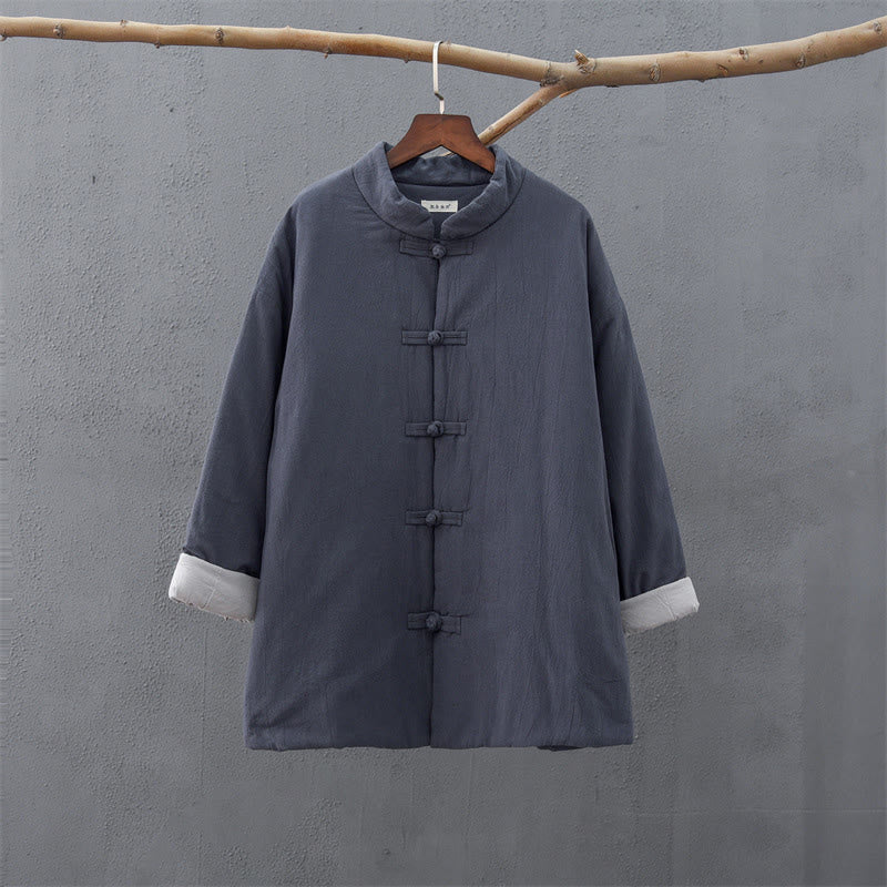 Buddha Stones Winter Solid Frog-Button Long Sleeve Cotton Women's Thermal Jacket With Pockets