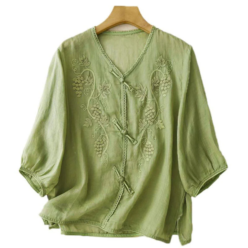 Buddha Stones Embroidered Grapes Pattern Lace Design Frog-Button Three Quarter Sleeve Women's Cotton Shirt